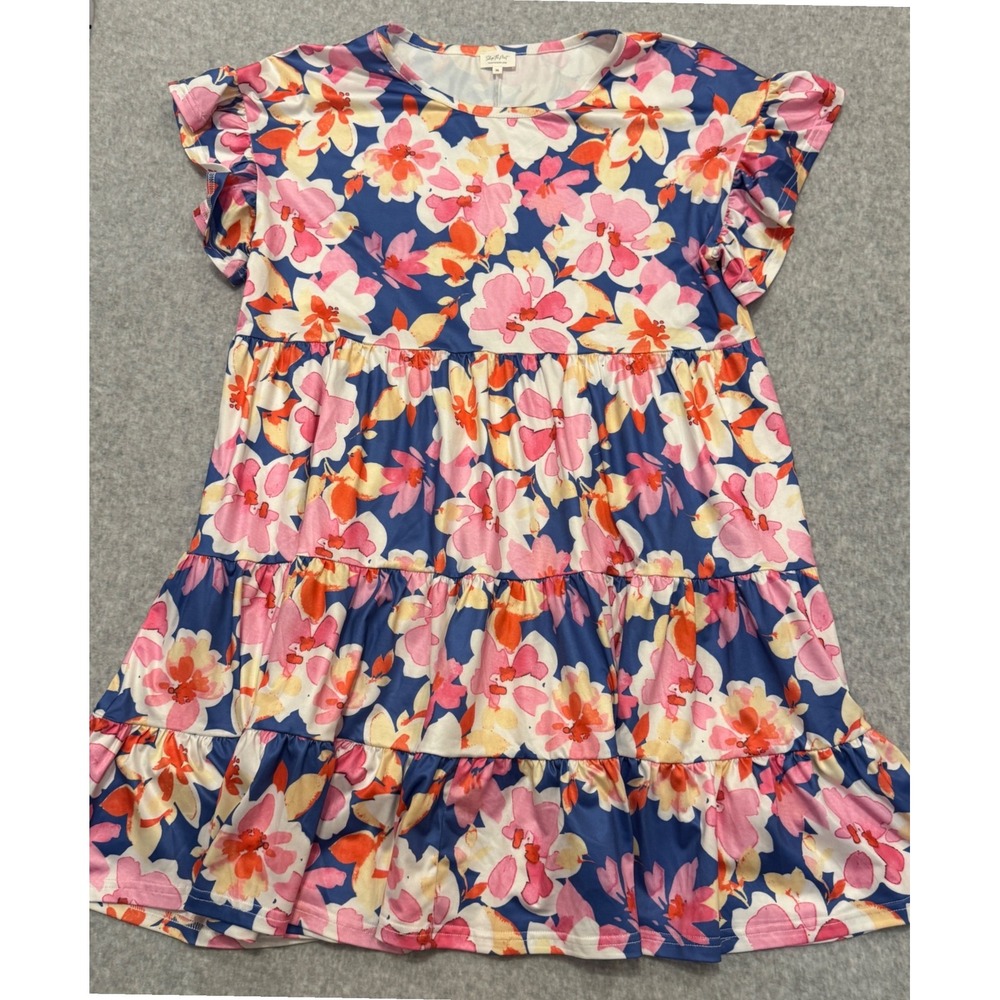 Shop the Mint Floral Tiered Babydoll Dress Pink Blue Flutter Sleeve Medium